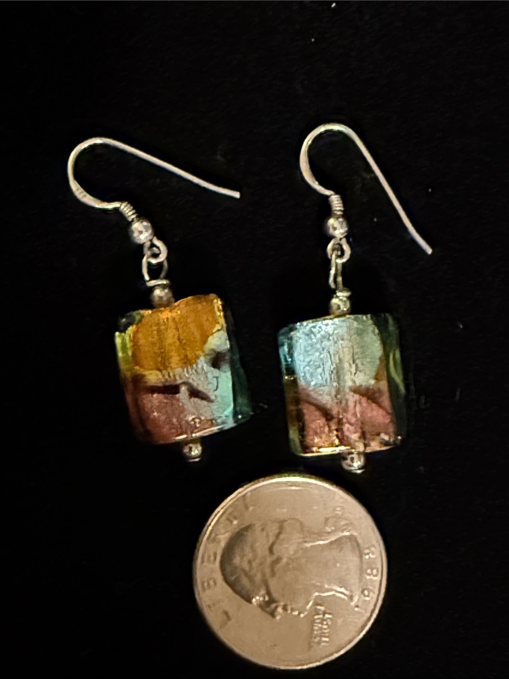 925 Sterling Silver Dichroic Glass Dangle Earrings Artisan Multicolor 0.7”
